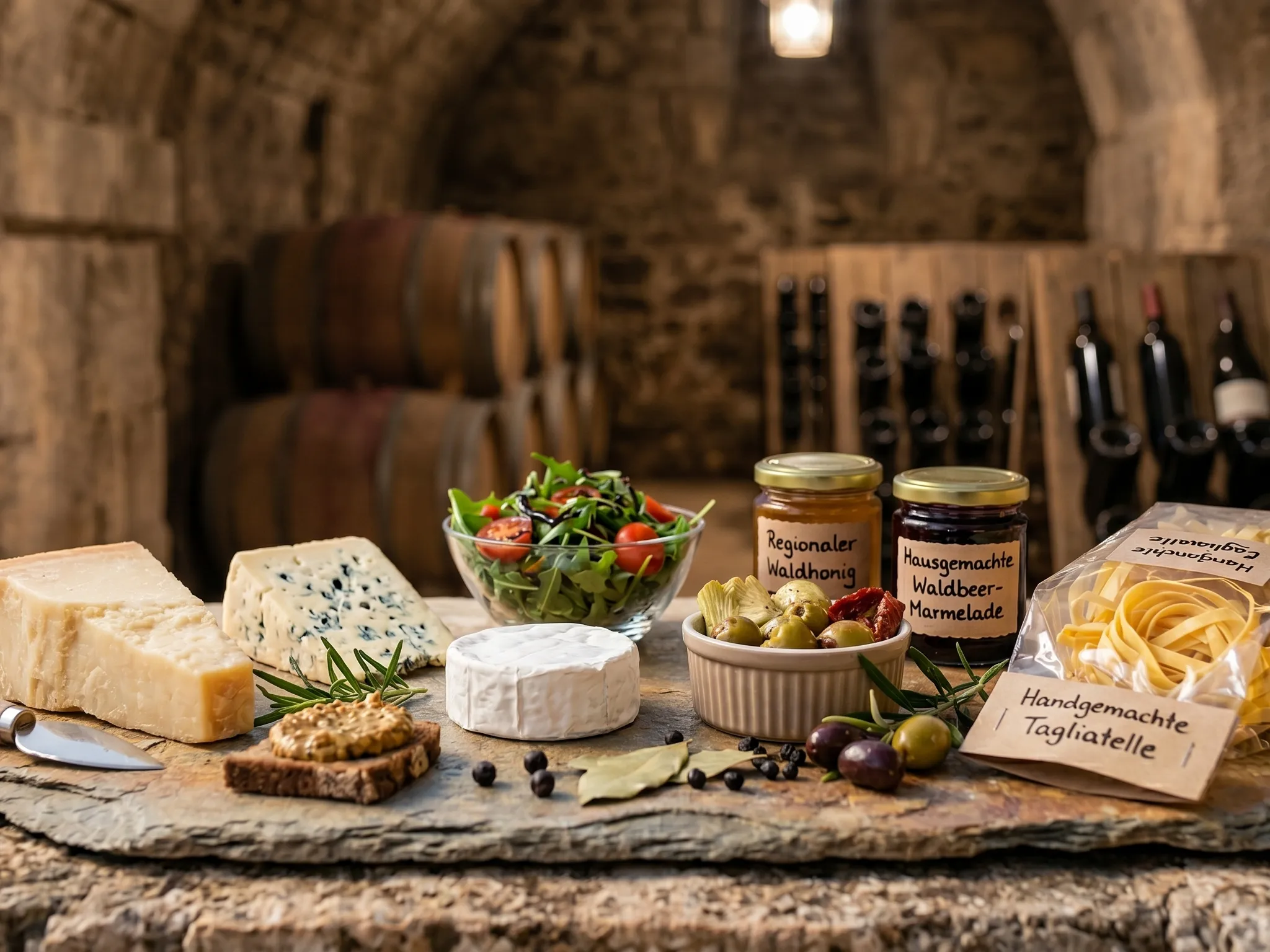 Käseauswahl mit Oliven, Marmelade und Pasta auf einer Steinplatte
