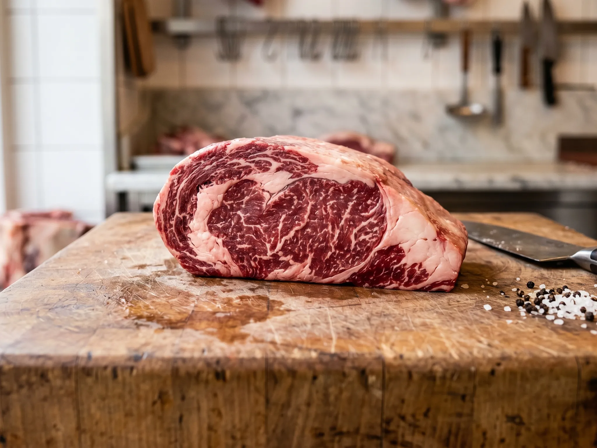 Rib-Eye-Zuschnitt auf einer rustikalen Holzschlagbank in unserer Metzgerei