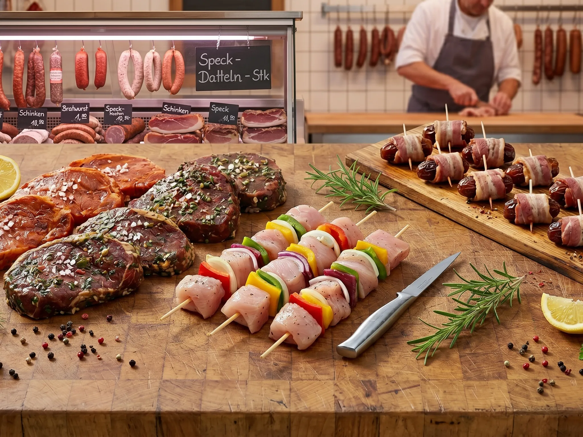 Marinierte Steaks, bunte Fleischspieße und Speck-Datteln auf einer Holzbank